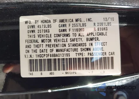 2011 Honda Accord 3.5 Ex-L from USA, damaged, VIN 1HGCP3F88BA013195